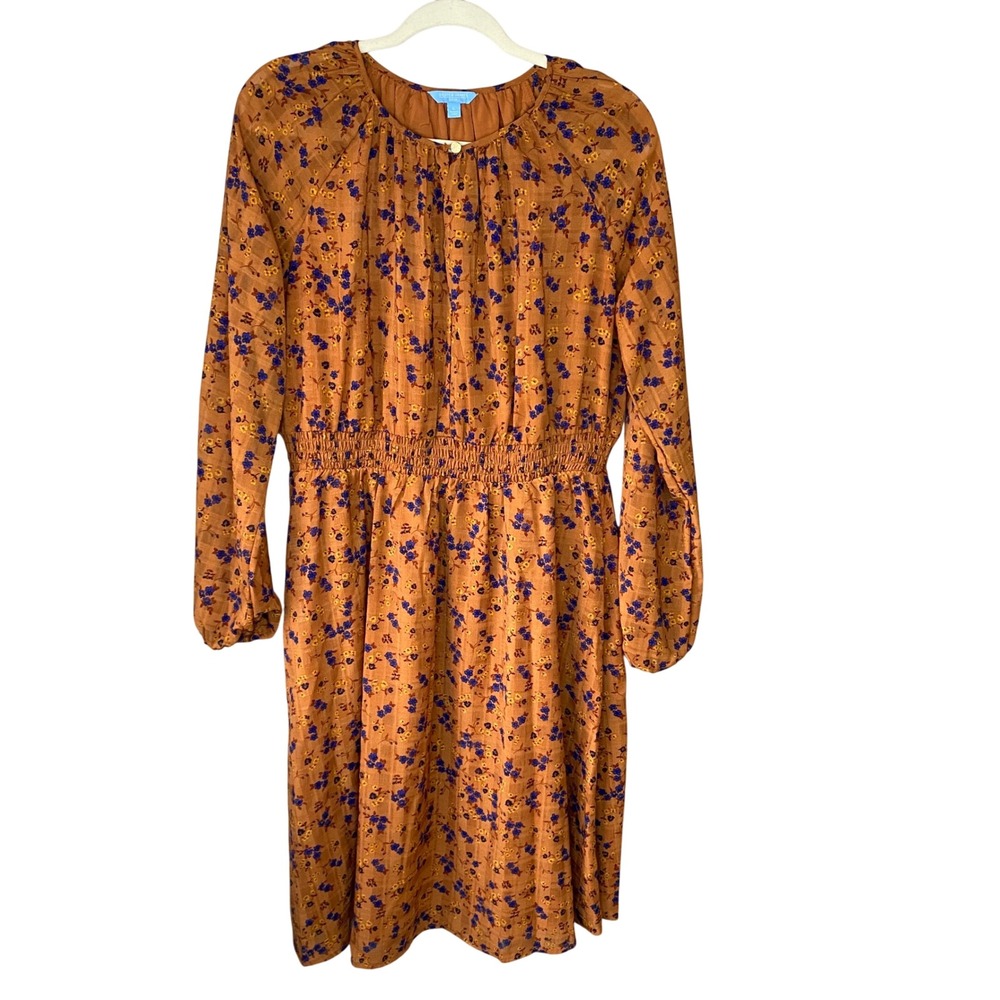 Draper James RSVP Rust Orange Floral Smocked Waist Midi Dress L Long Sleeve